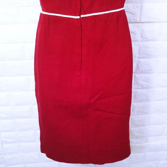 Vintage 60s Handmade Sheath Tank Dress Lady(8) Wool Piping-Trim Bow Zipper Red - Picture 9 of 10